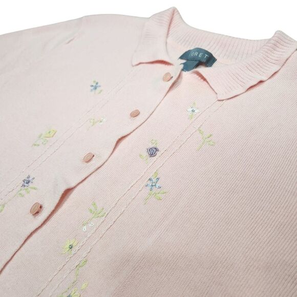 Vintage 90s ? Sweater Cardigan Embroidered Flowers Floral Soft Baby Pink Short S - Picture 11 of 12